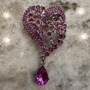 Large Pink Crystal Rhinestones Brooch Heart Pendant Pin Silver Tone